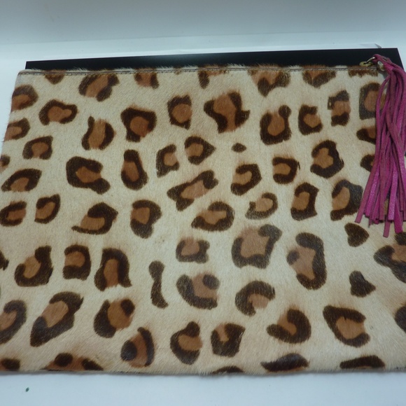 IJCDESIGNS Animal Print Calf Hair Zipper Pouch Clutch Bag Travel Casual Tasseled - Picture 2 of 7